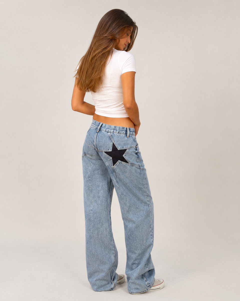 Star-Embroidered Wide-Leg Jeans