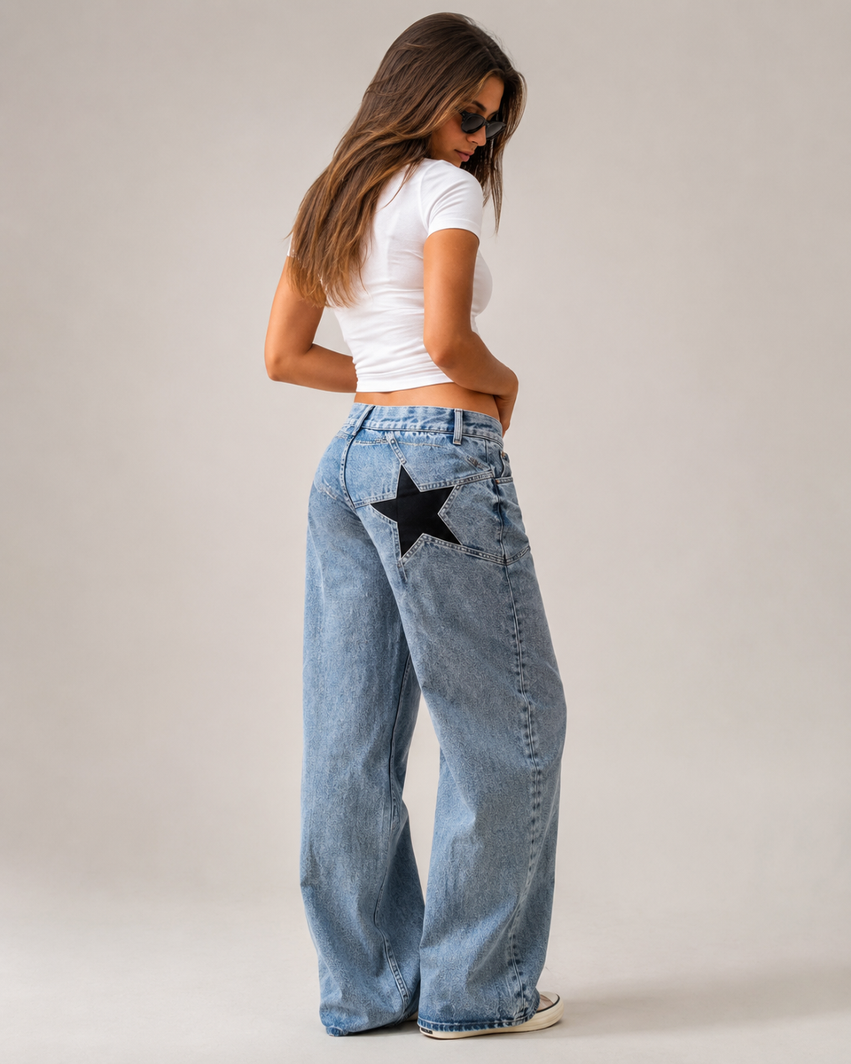 Star-Embroidered Wide-Leg Jeans