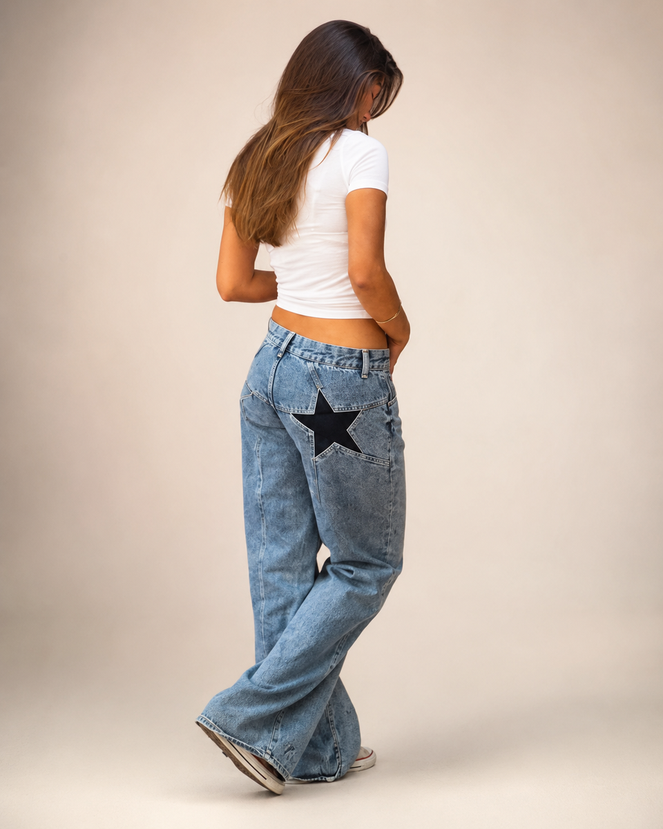 Star-Embroidered Wide-Leg Jeans
